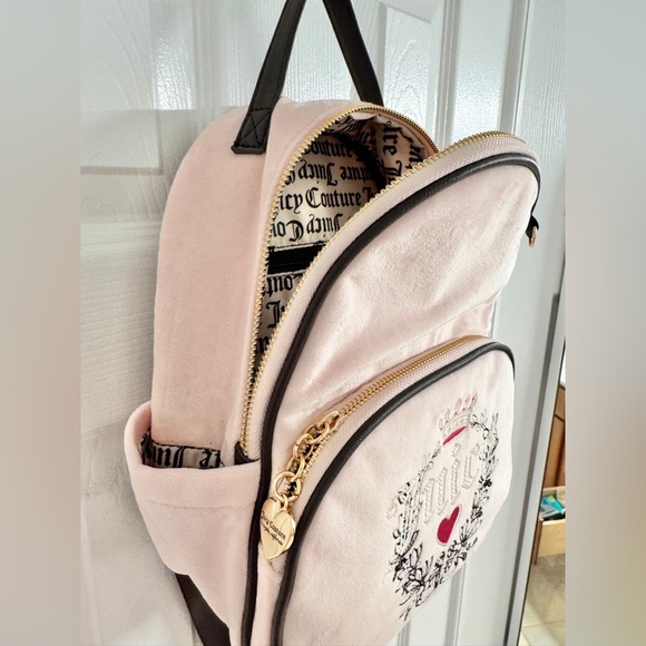 NWT Juicy Couture Mini Pink Velvet Backpack with Black Straps - Picture 11 of 12